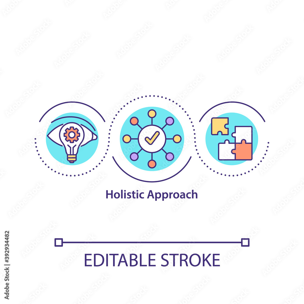 Holistic approach concept icon. Employee holistic perspective idea thin line illustration. Take all details into work account vector isolated outline RGB color drawing. Editable stroke Holistic approach concept icon. Employee holistic perspective idea thin line illustration. Take all details into work account vector isolated outline RGB color drawing. Editable stroke