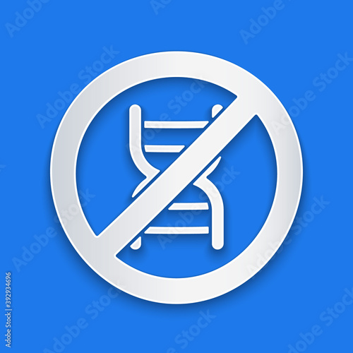 Paper cut Stop GMO icon isolated on blue background. Genetically modified organism acronym. Dna food modification. Paper art style. Vector.