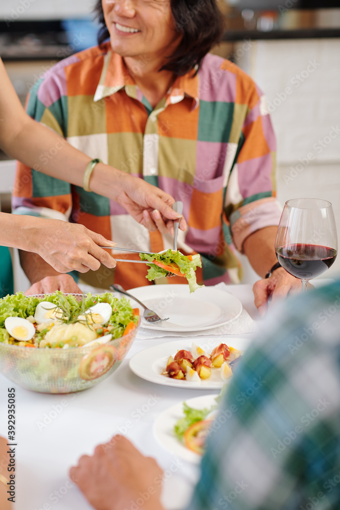 Housewife putting portion of vegetable salad in plate of her husband when they are having party at home Housewife putting portion of vegetable salad in plate of her husband when they are having party at home