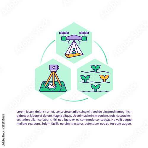 Agrotechnology concept icon with text. Farming robot seed. Drones and biotechnology. PPT page vector template. Brochure, magazine, booklet design element with linear illustrations