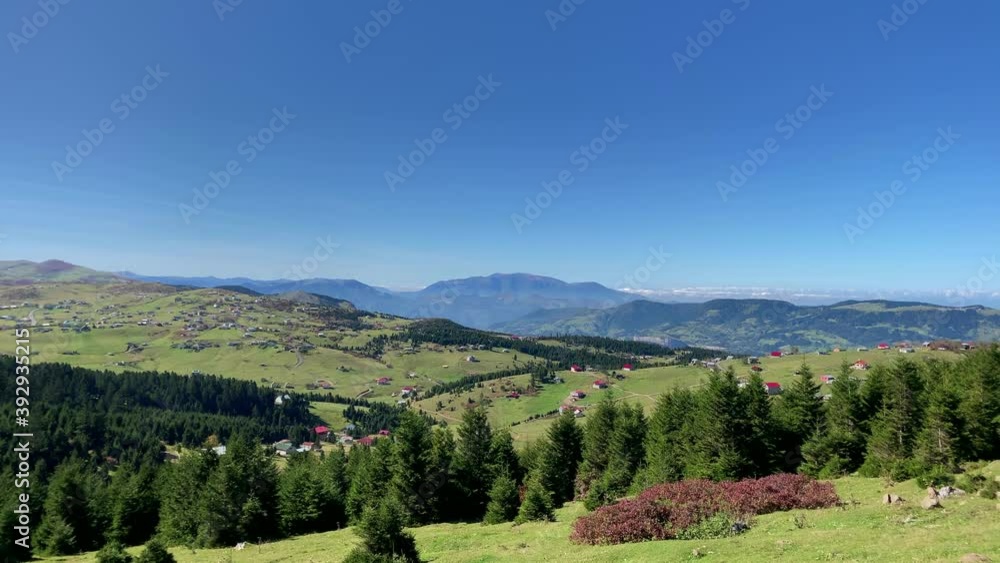 Footage of high mountains, houses, grass fields and pine forest trees captured near mountain villages (high plateau) called Kayabasi / Hacka of Trabzon city of Black sea region (Northeast) in Turkey.
