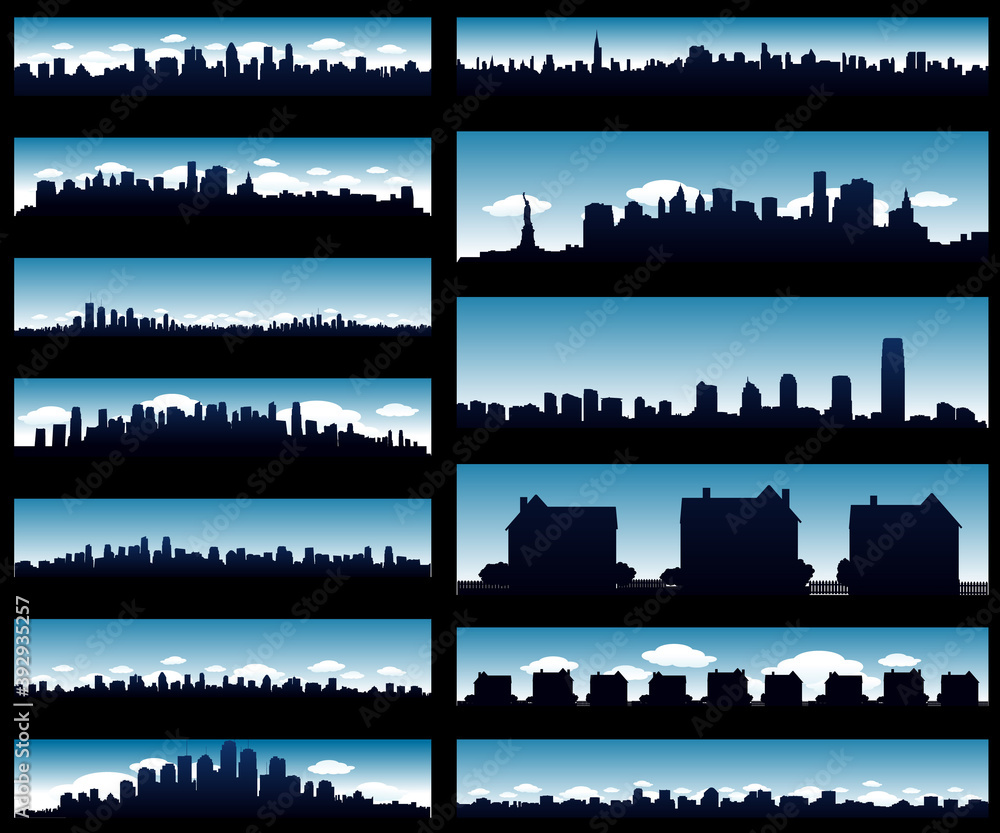 Cityscape silhouette background isolated on black