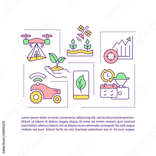 Farm management concept icon with text. Increase efficient farmer productivity. Machinery and equipment. PPT page vector template. Brochure, magazine, booklet design element with linear illustrations