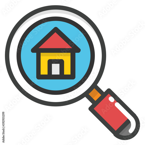 
Flat vector icon of a magnifier on house showing property search

