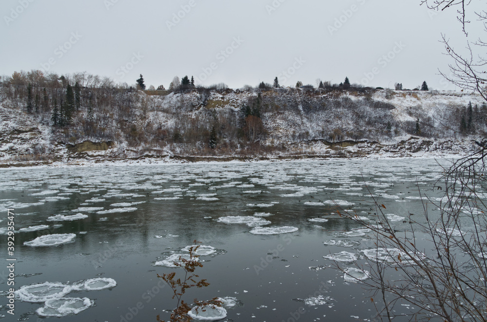 Obraz premium The North Saskatchewan River Freezing over during the Late Fall and Winter Season