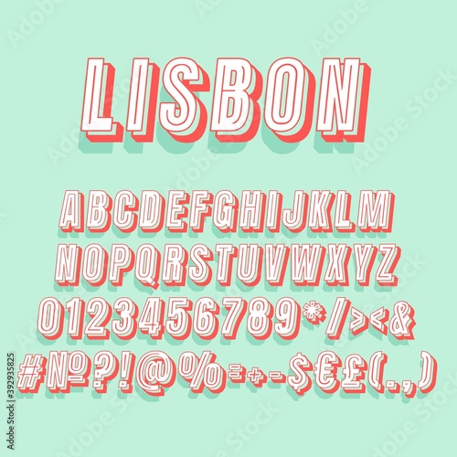 Lisbon vintage 3d vector alphabet set. Retro bold font, typeface. Pop art stylized lettering. Old school style letters, numbers, symbols pack. 90s, 80s creative typeset design template