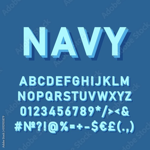 Navy vintage 3d vector alphabet set. Retro bold font, typeface. Pop art stylized lettering. Old school style letters, numbers, symbols pack. 90s, 80s creative typeset design template