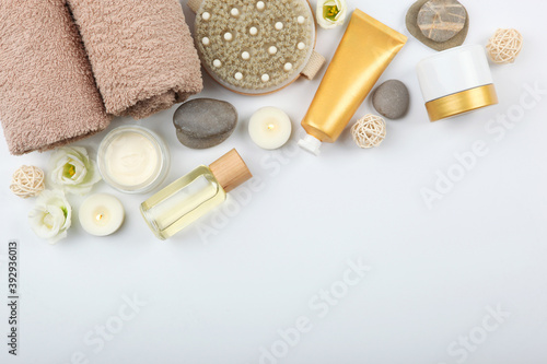 Beautiful spa composition on a colored background top view