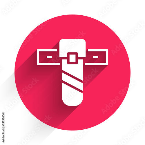 White Knife holster icon isolated with long shadow. Red circle button. Vector.