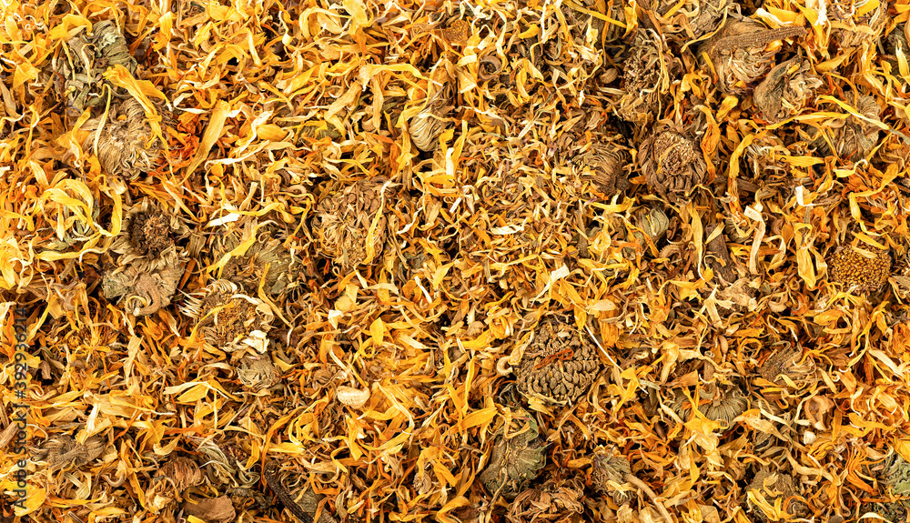 Full frame of Calendula officinalis or Marigold dry tea flowers. Full frame of Calendula officinalis or Marigold dry tea flowers.