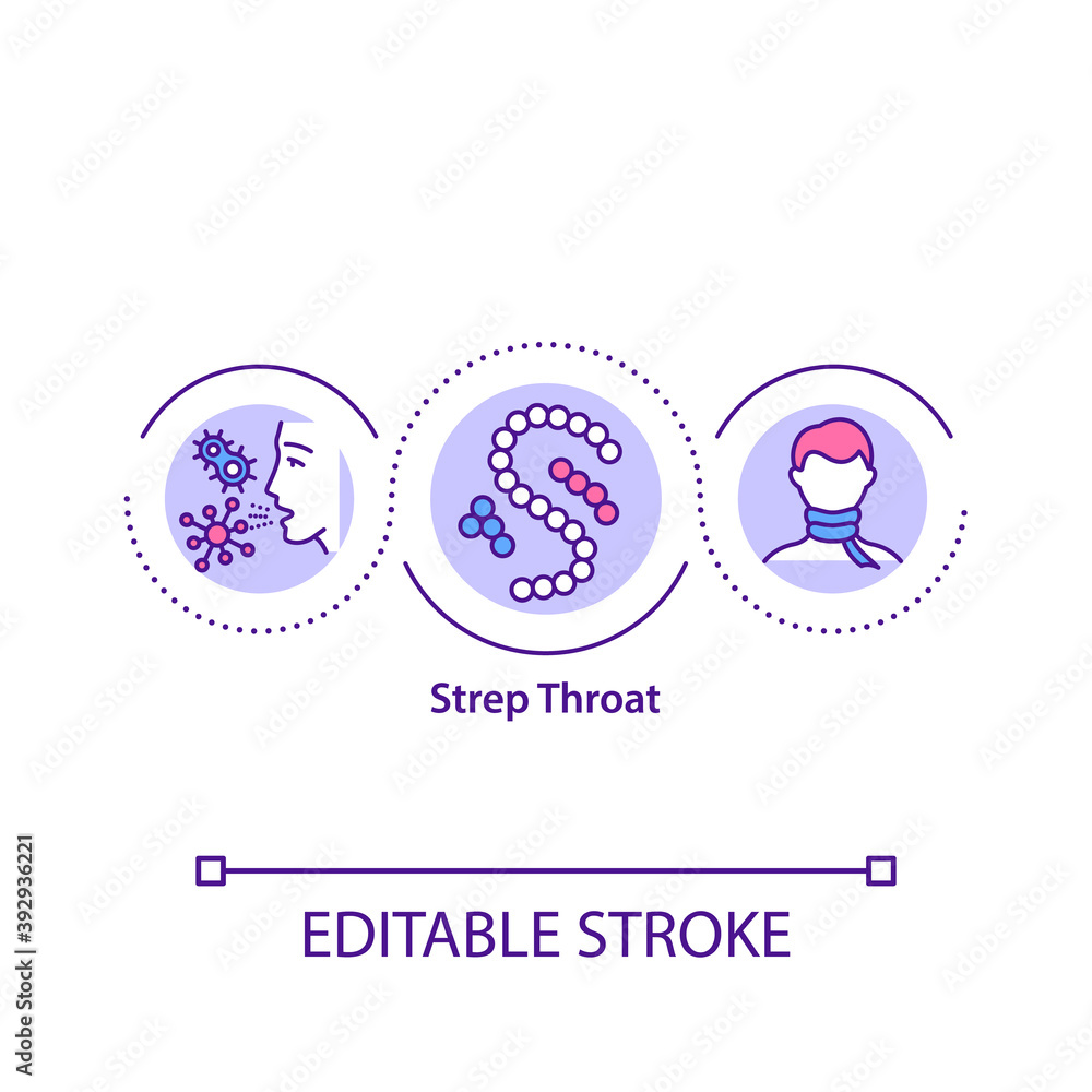 Strep throat concept icon. Dangerous bacteria for your health. Medical treatment of throat problems idea thin line illustration. Vector isolated outline RGB color drawing. Editable stroke Strep throat concept icon. Dangerous bacteria for your health. Medical treatment of throat problems idea thin line illustration. Vector isolated outline RGB color drawing. Editable stroke