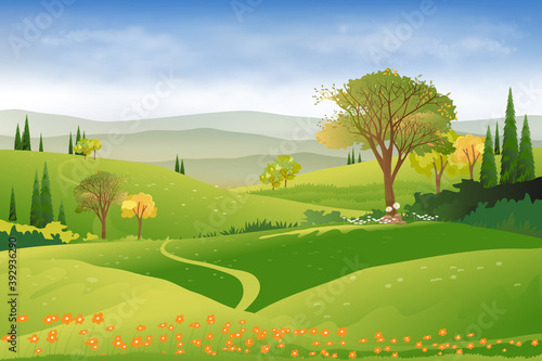 Spring landscape in countryside with green meadow on hills, clouds and blue sky,Vector beautiful Summer fields landscape,Panoramic cartoon village with grass field and wildflower, natural background