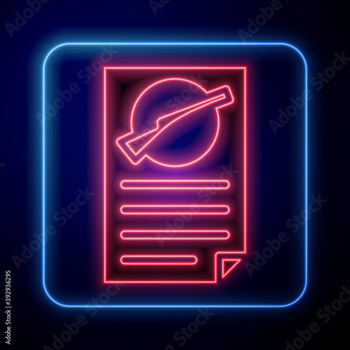 Glowing neon Firearms license certificate icon isolated on blue background. Weapon permit. Vector.