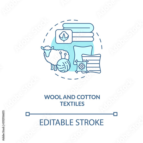 Wool and cotton textiles blue concept icon. Natural material. Eco friendly products for home interior. Biophilia idea thin line illustration. Vector isolated outline RGB color drawing. Editable stroke