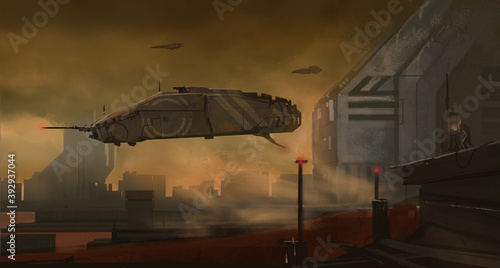 Digital science fiction painting of a space ship flying through a dusty planet space port in the far future - fantasy illustration photo