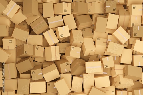 Stack or heap of brown carton cardboard boxes background  freight  delivery or shipping concept  flat lay top view from above