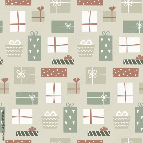 Christmas season vector seamless pattern with cute gift boxes. Hand drawn texture for wallpaper, pattern fills, web page background, wrapping paper.