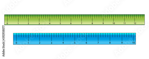 Green and blue rulers in cm, school supplies. Vector illustration.
