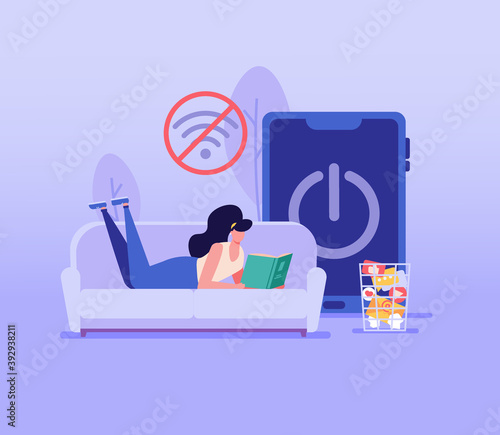 Woman lying on the sofa and reading a book. Concept of digital detox, disconnecting, mediastika, device free zone, internet addiction, no mobile phobia, phubbing. Vector illustration in flat design.