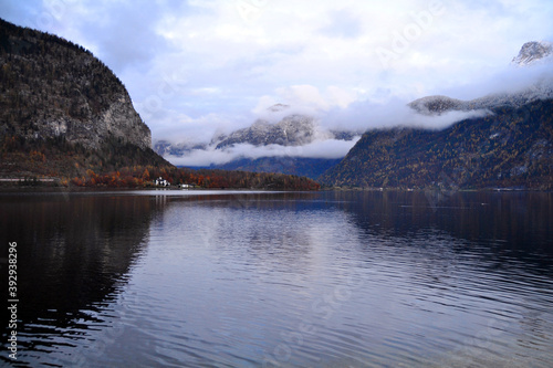 Austrian Alps and Hallstatt lake in the evening. Salzkammergut region, Austria