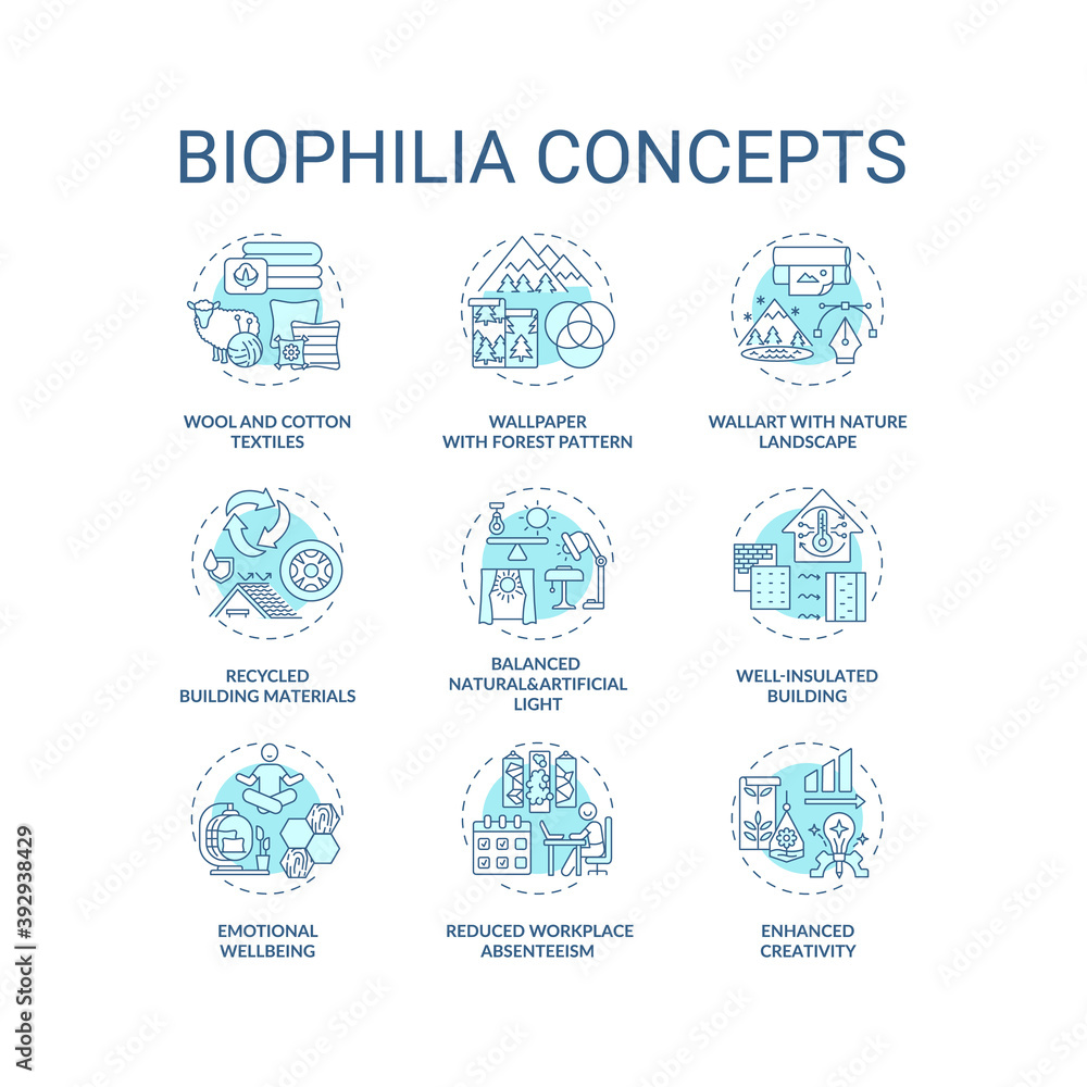 Biophilia blue concept icons set. Productivity in office. Emotional wellness. Indoor environment idea thin line RGB color illustrations. Vector isolated outline drawings. Editable stroke Biophilia blue concept icons set. Productivity in office. Emotional wellness. Indoor environment idea thin line RGB color illustrations. Vector isolated outline drawings. Editable stroke