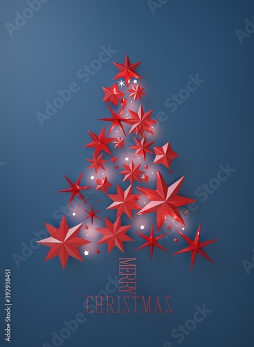 3d Render. christmas tree concept, formed by red stars, on blue background, top view