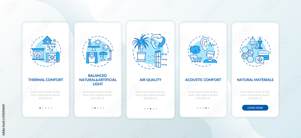 Comfortable home blue onboarding mobile app page screen with concepts. Natural, artificial light. Indoor space walkthrough 5 steps graphic instructions. UI vector template with RGB color illustrations