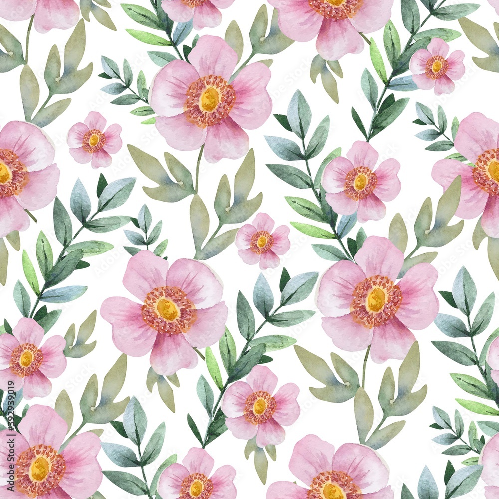 seamless pattern of delicate pink flowers with green branches watercolor illustration on a white background. hand painted for wedding invitations, decor and design seamless pattern of delicate pink flowers with green branches watercolor illustration on a white background. hand painted for wedding invitations, decor and design