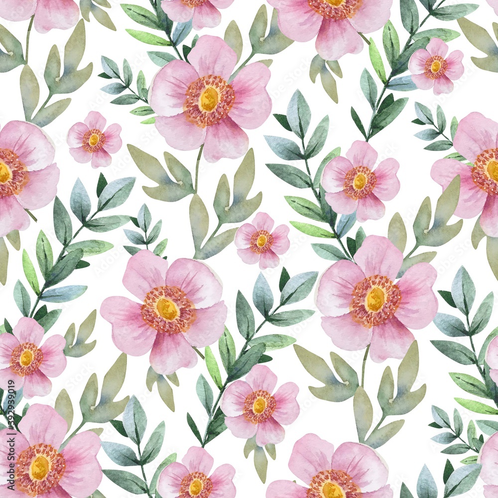 seamless pattern of delicate pink flowers with green branches watercolor illustration on a white background. hand painted for wedding invitations, decor and design