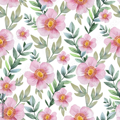 seamless pattern of delicate pink flowers with green branches watercolor illustration on a white background. hand painted for wedding invitations, decor and design © Lana