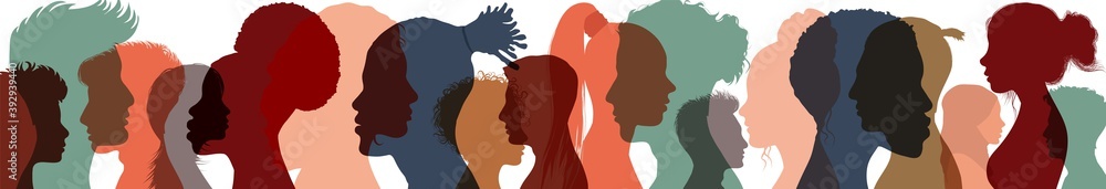 Silhouette profile group of men and women of diverse cultures. Diversity multi-ethnic people. Concept of racial equality and anti-racism. Multicultural and multiracial society. Friendship