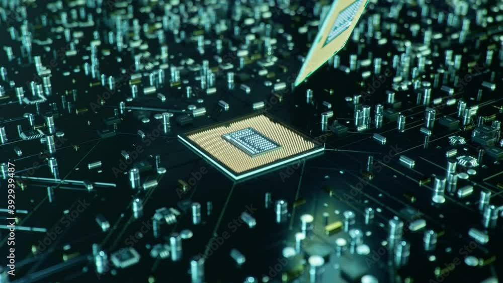 Technological background with CPU and circuit board. Flying CPU and ...