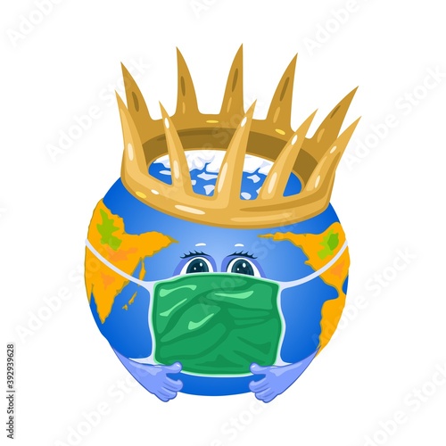 Sad planet earth in protective face mask, coronavirus flu, bacteria spread worldwide. Vector pandemic period, quarantine and lockdown idea isolated on white background