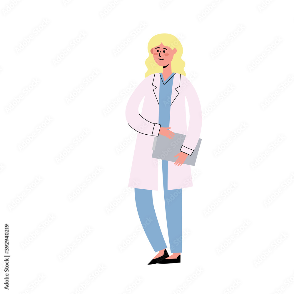 Vector flat illustration of standing european doctor with blank Vector flat illustration of standing european doctor with blank