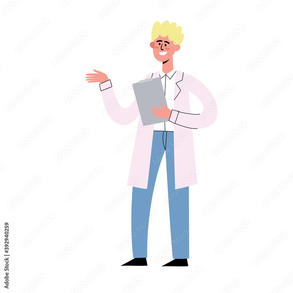 Vector flat illustration of standing european doctor isolated on white Vector flat illustration of standing european doctor isolated on white