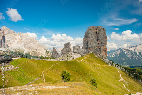 Summer mountain alpine meadow landscape. Cinque Torri, Dolomites Alps, Italy