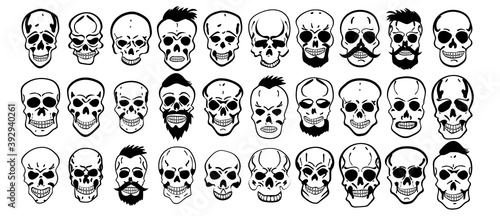 Set of different skull characters. Monochrome style. Isolated on white background