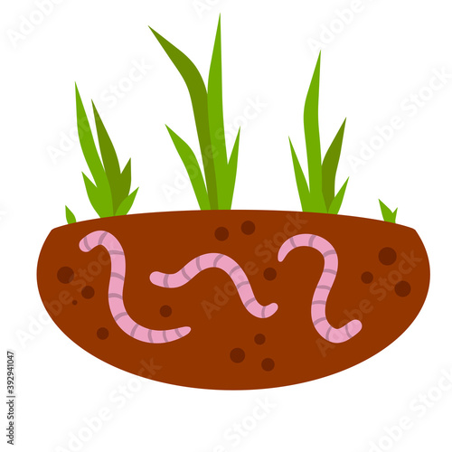 Worms under the ground. Brown earth with small pink animals. Fishing bait. Green grass. The biosphere and nature. Flat cartoon illustration. Insects in soil