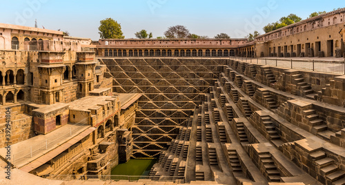 A panorama view across a step well at Abhaneri near to Jaipur, Rajasthan, India in the morning photo