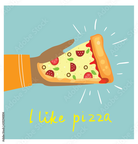 Piece Of Pizza In a Hand. template for pizzeria restaurant