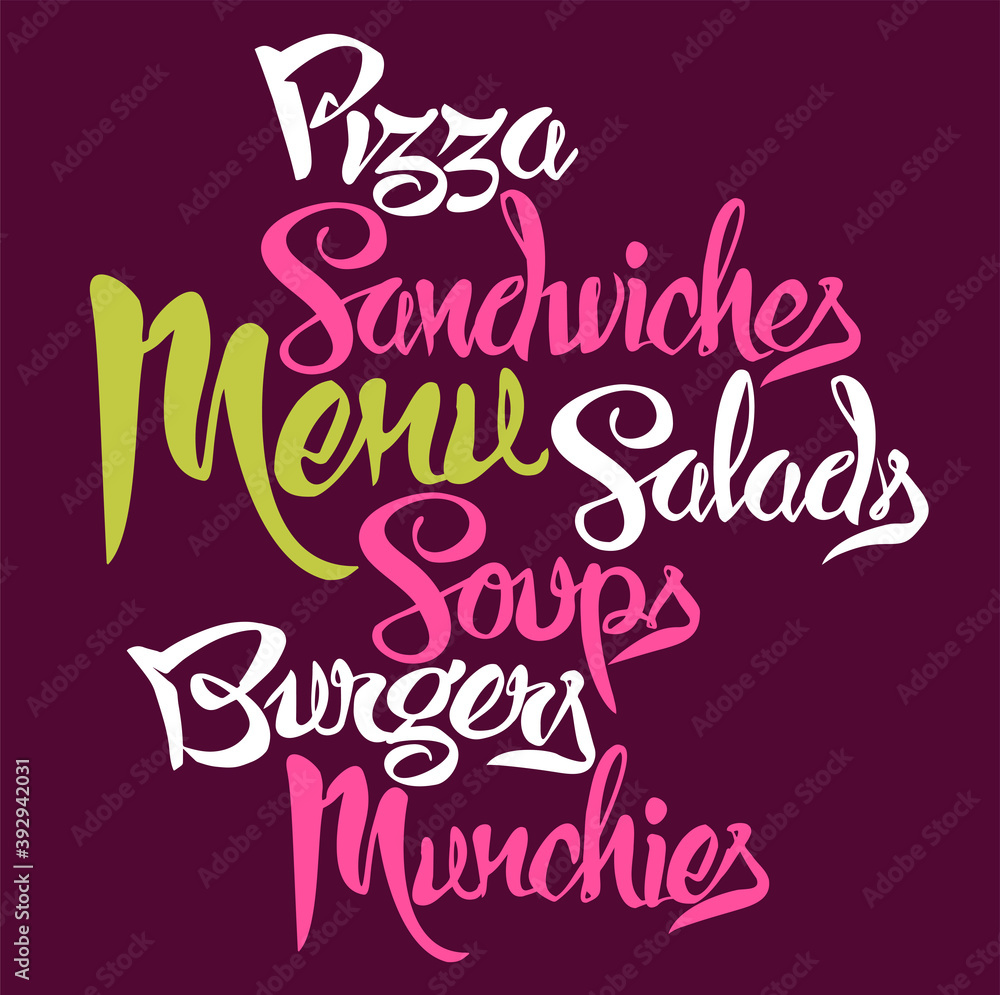 Hand-lettered Meal Category Headers—Pizza, Sandwiches, Salads, Soups, Burgers, Munchies—Use for Menus, Signage, Marketing & More! Hand-lettered Meal Category Headers—Pizza, Sandwiches, Salads, Soups, Burgers, Munchies—Use for Menus, Signage, Marketing & More!