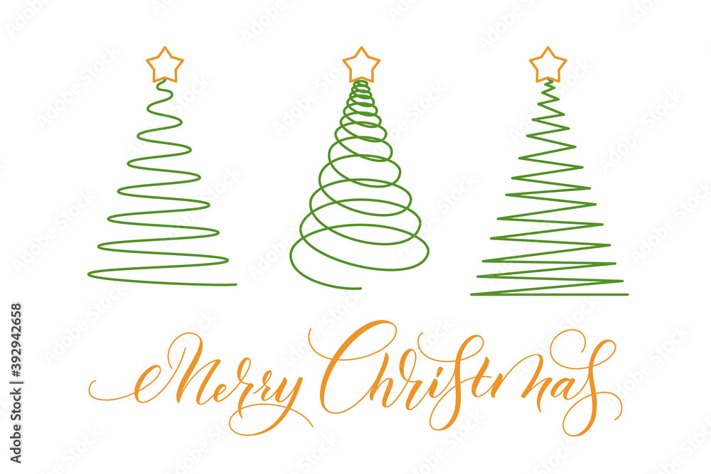 Set of Green Christmas Trees with a gold star on top in doodle outline style with modern brush calligraphy Merry Christmas isolated on white background. Vector illustration. Set of Green Christmas Trees with a gold star on top in doodle outline style with modern brush calligraphy Merry Christmas isolated on white background. Vector illustration.