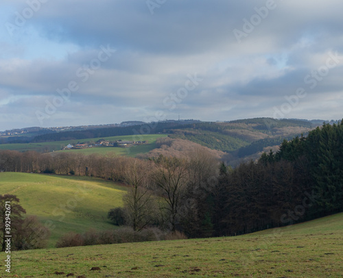Beautiful landscape view hilly countryside fields with trees and forests
