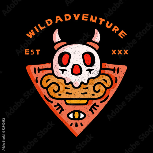 Viking Skull head in hype style with wild adventure typography. illustration for t shirt, poster, logo, sticker, or apparel merchandise.