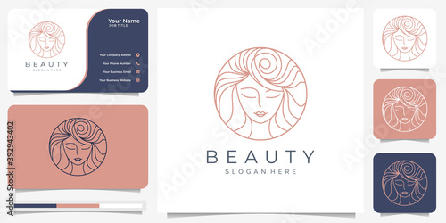 women logo design inspiration and business card.beauty, skin care, salons, spa,hair style,circle,elegant minimalist. with line art style .Premium Vector