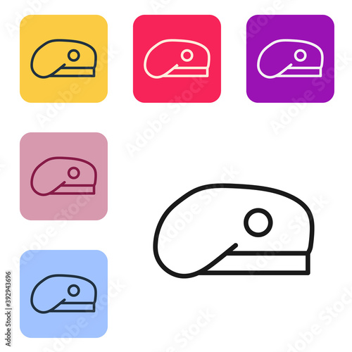 Black line Military beret icon isolated on white background. Soldiers cap. Army hat. War baret. Set icons in color square buttons. Vector.