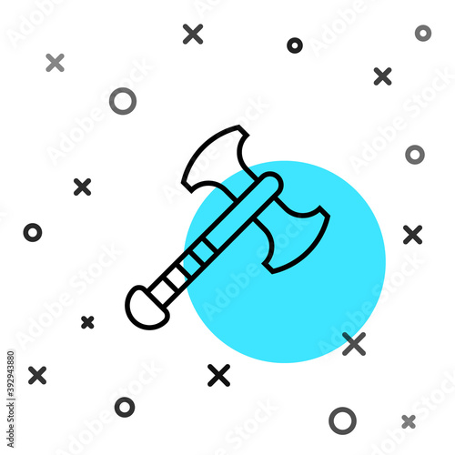 Black line War axe icon isolated on white background. Battle axe, executioner axe. Medieval weapon. Random dynamic shapes. Vector.