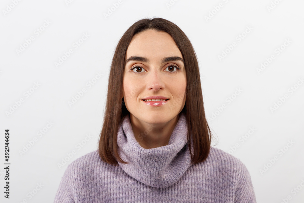 Close-up alluring happy smiling brunette woman in a purple sweater looking forward to exciting event, grinning joyfully express positivity and enthusiasm, glad take part interesting promo campaign Close-up alluring happy smiling brunette woman in a purple sweater looking forward to exciting event, grinning joyfully express positivity and enthusiasm, glad take part interesting promo campaign