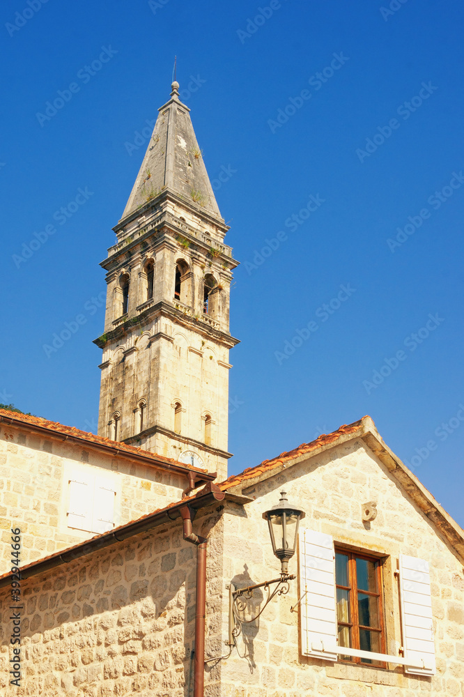 Montenegro. Bell Tower of  St Nicholas church in ancient town of Perast
