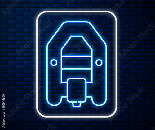 Glowing neon line Rafting boat icon isolated on brick wall background. Inflatable boat with paddles. Water sports, extreme sports, holiday, vacation. Vector.